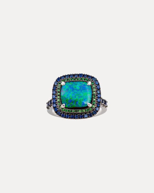 BESPOKE 18CT CUSHION OPAL, SAPPHIRE & TSAVORITE RING