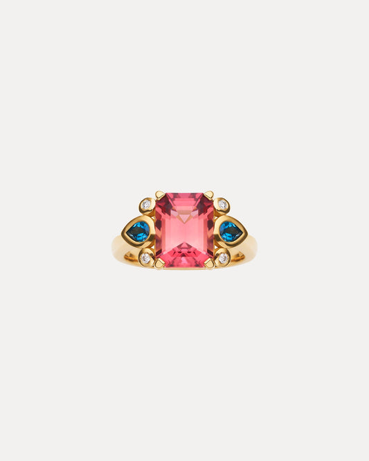 BESPOKE 18CT PINK TOURMALINE, LONDON BLUE TOPAZ & DIAMOND RING