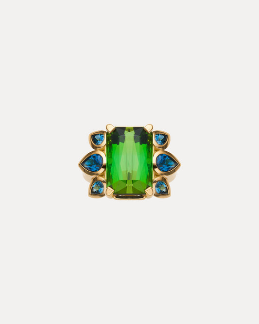 BESPOKE 18CT GREEN TOURMALINE & LONDON BLUE TOPAZ RING