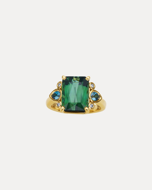 18CT GREEN TOURMALINE, LONDON BLUE TOPAZ & DIAMOND BESPOKE RING