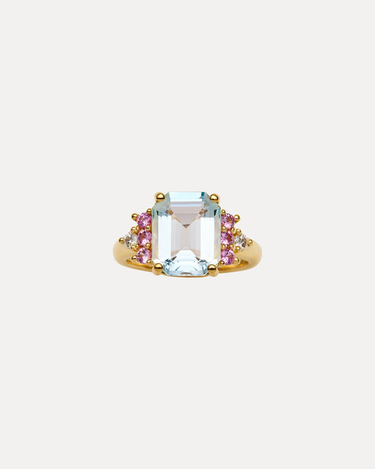 BESPOKE 18CT YELLOW GOLD AQUAMARINE, PINK SAPPHIRE & DIAMOND MIAH RING