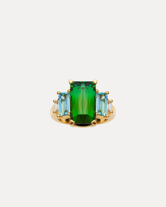BESPOKE 18CT GREEN TOURMALINE, BAGUETTE AQUAMARINE & DIAMOND FITZALAN RING