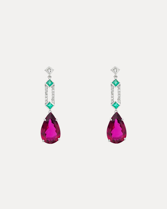 BESPOKE 18CT RUBELITE, EMERALD & DIAMOND DROP STUD EARRINGS