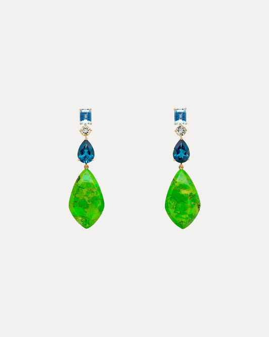 18CT GREEN TURQUOISE, AQUAMARINE, GREEN AMETHYST & LONDON BLUE TOPAZ SAMOS EARRINGS