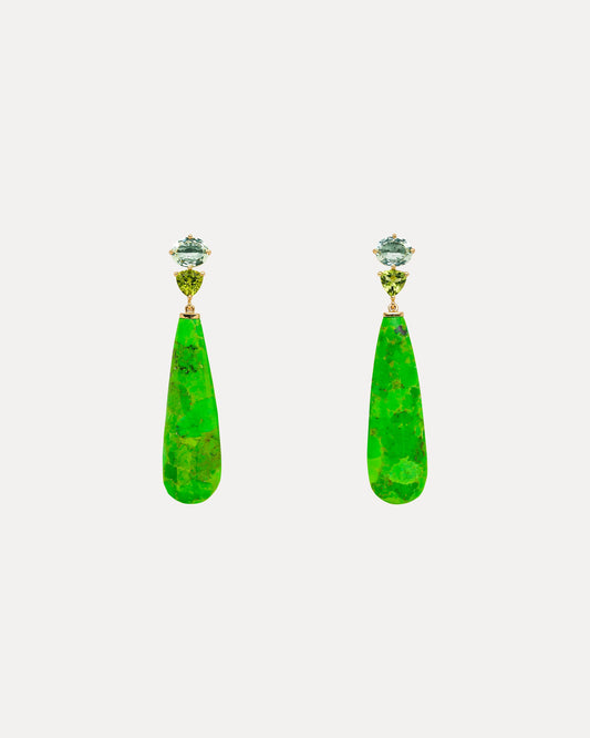 BESPOKE 18CT GREEN TURQUOISE, GREEN AMETHYST & PERIDOT SAMOS EARRINGS