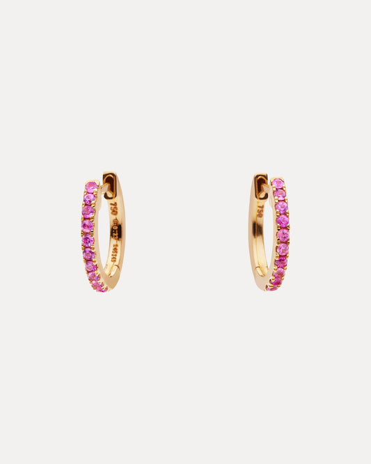 18CT YELLOW GOLD PINK SAPPHIRE HUGGIE EARRINGS