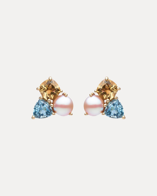 9CT HONEY QUARTZ, BLUE TOPAZ & PINK PEARL DUNAWAY STUD EARRINGS
