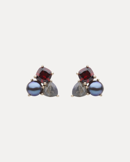 9CT GARNET, LABRADORITE & PEACOCK PEARL DUNAWAY STUD EARRINGS