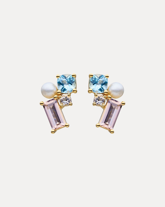 9CT PINK MORGANITE, BLUE TOPAZ & PEARL WINONA STUD EARRINGS