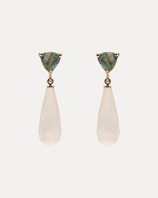 9CT ROSE GOLD VIRAGO LABRADORITE & ROSE QUARTZ EARRINGS