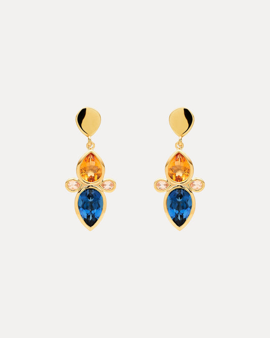 9CT LONDON BLUE TOPAZ, CITRINE & PINK MORGANITE ARETHA DROP EARRINGS