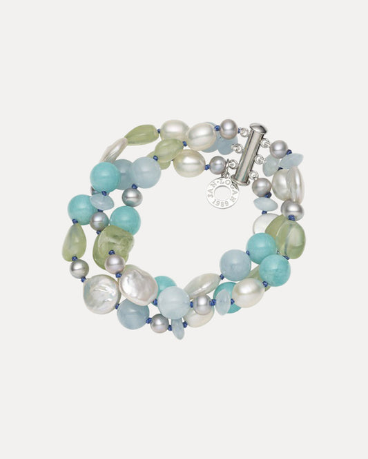 WHITE HAVEN AQUAMARINE, AMAZONITE, PREHNITE & PEARL 3 ROW BRACELET