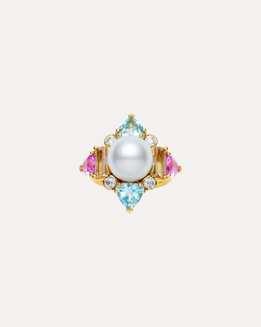 18CT SOUTH SEA PEARL, PINK SAPPHIRE, AQUAMARINE, PINK MORGANITE & DIAMOND MARLO RING