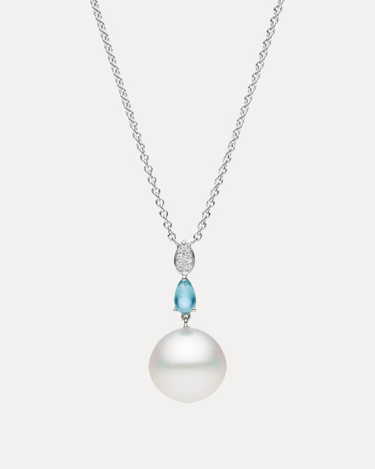BESPOKE 18CT SOUTH SEA PEARL, AQUAMARINE & DIAMOND PENDANT