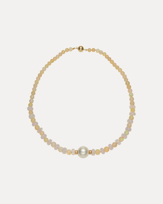 9CT SOUTH SEA PEARL, COLOMBIAN OPAL & LAVENDER QUARTZ KELLY NECKLACE