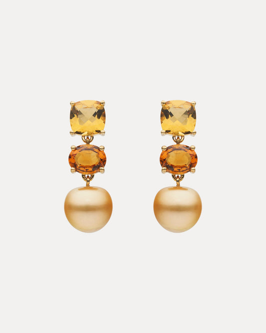 18CT HONEY QUARTZ, CITRINE & GOLD SOUTH SEA PEARL EARRINGS