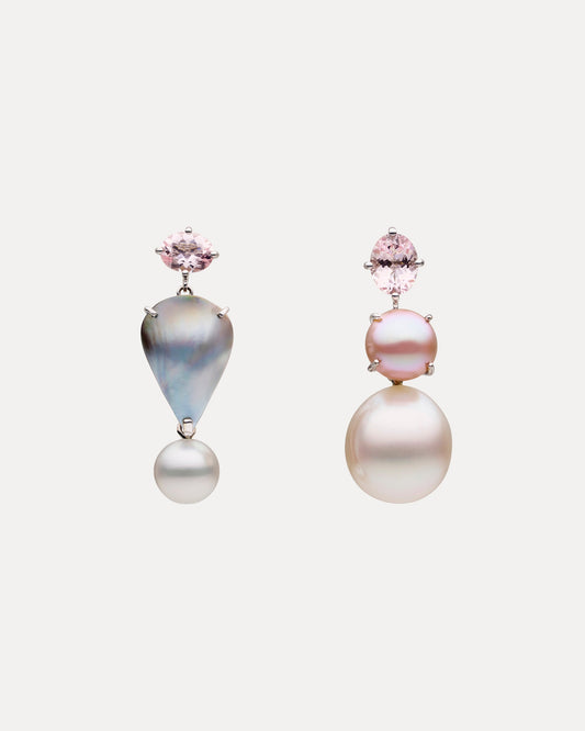 BESPOKE 18CT WHITE GOLD SOUTH SEA PEARL, MABE PEARL & PINK MORGANITE NUMINOUS EARRINGS