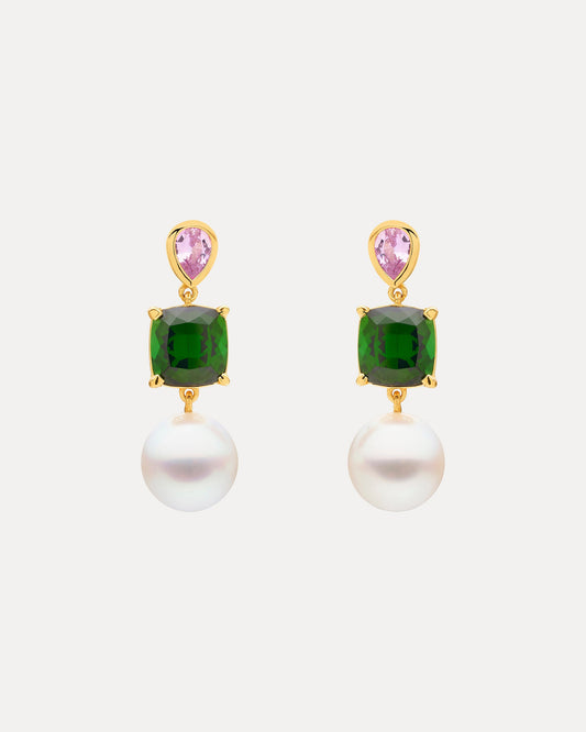 BESPOKE 18CT GREEN TOURMALINE, PINK SAPPHIRE & SOUTH SEA PEARL EARRINGS