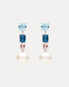 18CT SOUTH SEA PEARL, BLUE TOPAZ, LONDON BLUE TOPAZ & PINK MORGANITE MARVIN EARRINGS