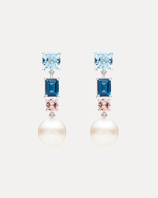 18CT SOUTH SEA PEARL, BLUE TOPAZ, LONDON BLUE TOPAZ & PINK MORGANITE MARVIN EARRINGS