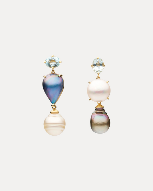 BESPOKE 9CT YELLOW GOLD NUMINOUS SOUTH SEA PEARL, MABE & AQUAMARINE STUD EARRINGS