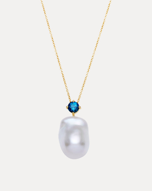 9CT BAROQUE PEARL & LONDON BLUE TOPAZ DIAZ PENDANT