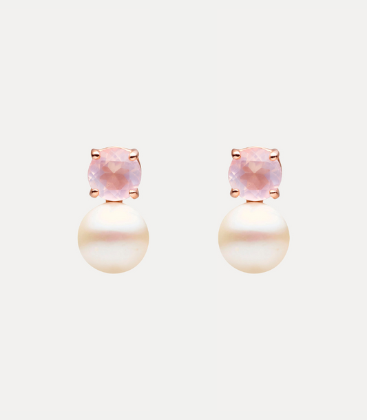 9CT ROSE GOLD, ROSE QUARTZ & PEARL MARCELLE STUD EARRINGS