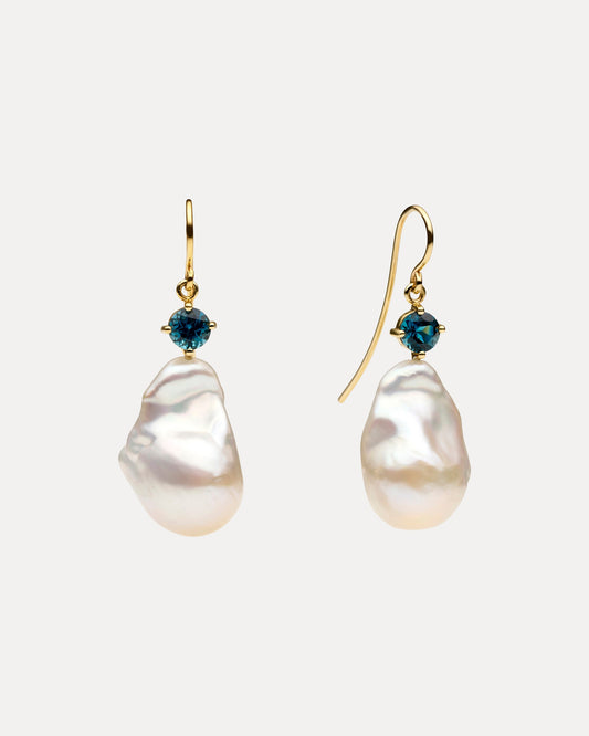 9CT BAROQUE PEARL & LONDON BLUE TOPAZ DIAZ EARRINGS