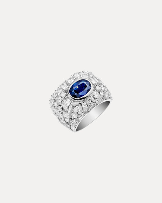 BESPOKE 18CT OVAL CUT CEYLON SAPPHIRE & DIAMOND CLUSTER RING