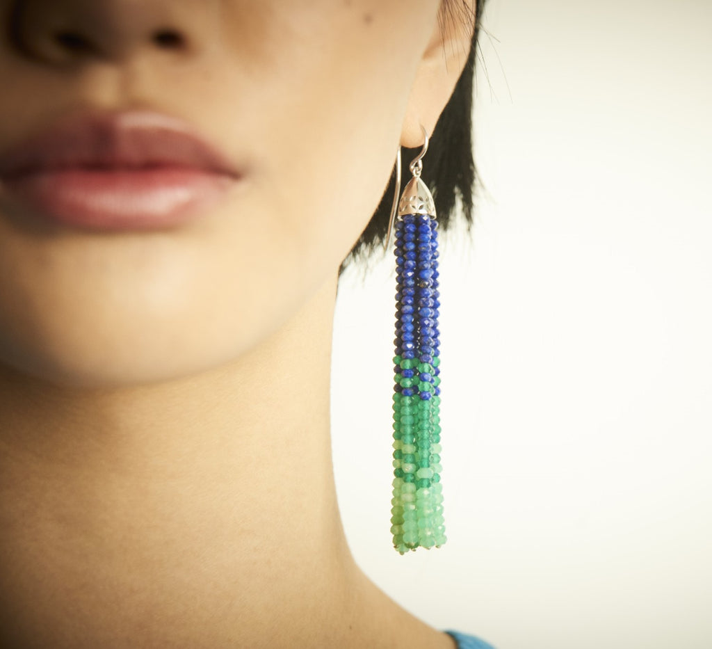 Green beaded sales tassel earrings
