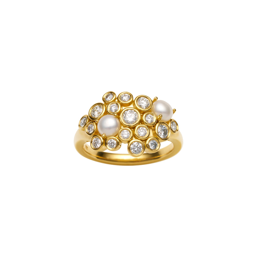 18CT YELLOW GOLD DIAMOND AND PEARL UMA CLUSTER RING