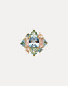 18CT LONDON BLUE TOPAZ, PINK MORGANITE, GREEN AMETHYST, BLUE TOPAZ & AQUAMARINE CLAUDE RING