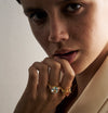 BESPOKE 18CT YELLOW GOLD AQUAMARINE, PINK SAPPHIRE & DIAMOND MIAH RING