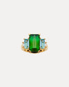 BESPOKE 18CT GREEN TOURMALINE, BAGUETTE AQUAMARINE & DIAMOND FITZALAN RING