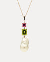 BESPOKE 18CT ROSE GOLD BAROQUE SOUTH SEA PEARL, DIAMOND, TOURMALINE & PERIDOT PENDANT