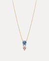 9CT LONDON BLUE TOPAZ, PINK MORGANITE & PEARL DUNAWAY PENDANT