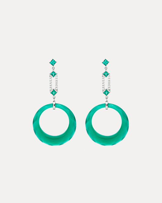 18CT GREEN ONYX, DIAMOND & EMERALD ELIZABETH EARRINGS