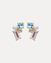9CT PINK MORGANITE, BLUE TOPAZ & PEARL WINONA STUD EARRINGS