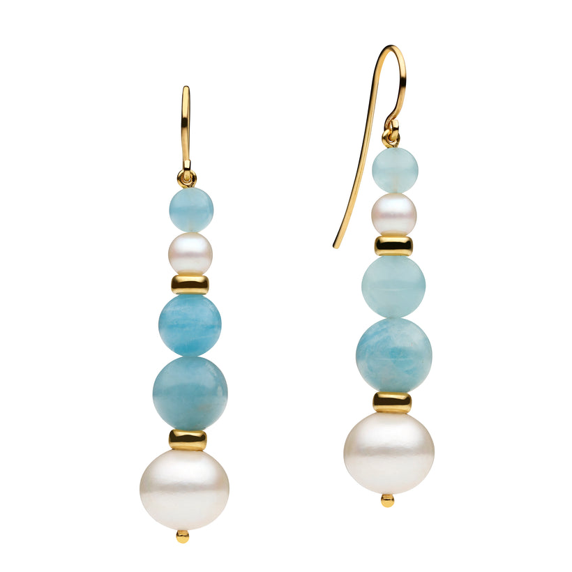 9CT & 14CT PEARL, AQUAMARINE & GOLD RONDELLE SILVERSTONE EARRINGS