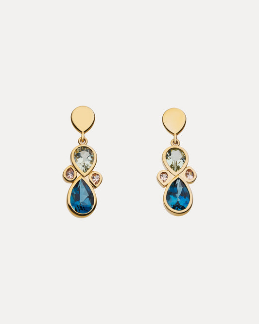 9CT LONDON BLUE TOPAZ, GREEN AMETHYST & PINK MORGANITE ARETHA EARRINGS
