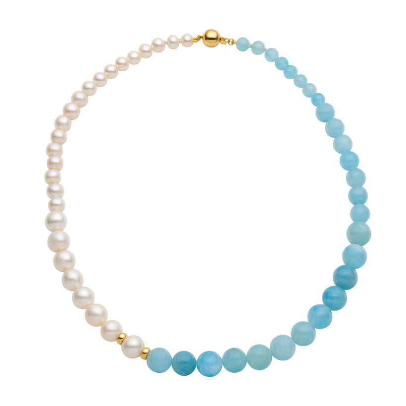 9CT YELLOW GOLD PEARL, AQUAMARINE & GOLD RONDELLE SILVERSTONE NECKLACE