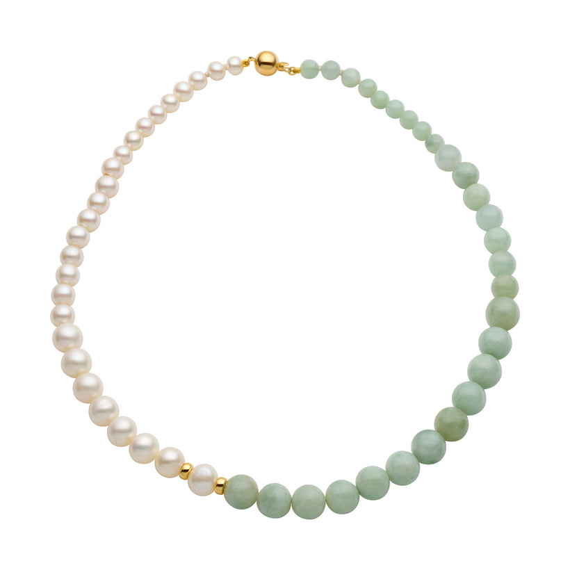9CT YELLOW GOLD PEARL, JADE & GOLD RONDELLE SILVERSTONE NECKLACE