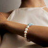 9CT YELLOW GOLD PEARL, AQUAMARINE & GOLD RONDELLE SILVERSTONE BRACELET