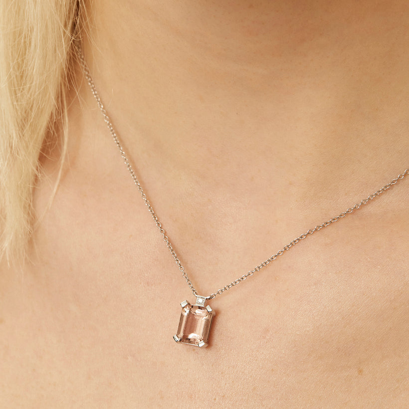 18CT WHITE GOLD PINK MORGANITE AND DIAMOND SARDINIA PENDANT