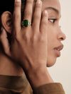 BESPOKE 18CT GREEN TOURMALINE, BAGUETTE AQUAMARINE & DIAMOND FITZALAN RING