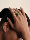 BESPOKE 18CT GREEN TOURMALINE, BAGUETTE AQUAMARINE & DIAMOND FITZALAN RING