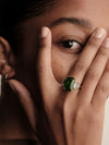 BESPOKE 18CT GREEN TOURMALINE, BAGUETTE AQUAMARINE & DIAMOND FITZALAN RING