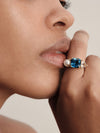 9CT LONDON BLUE TOPAZ, PINK MORGANITE & PEARL DUNAWAY RING