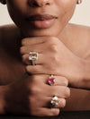 BESPOKE 18CT YELLOW GOLD PINK TOURMALINE, AQUAMARINE & DIAMOND MIAH RING