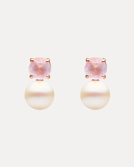 9CT ROSE GOLD, ROSE QUARTZ & PEARL MARCELLE STUD EARRINGS